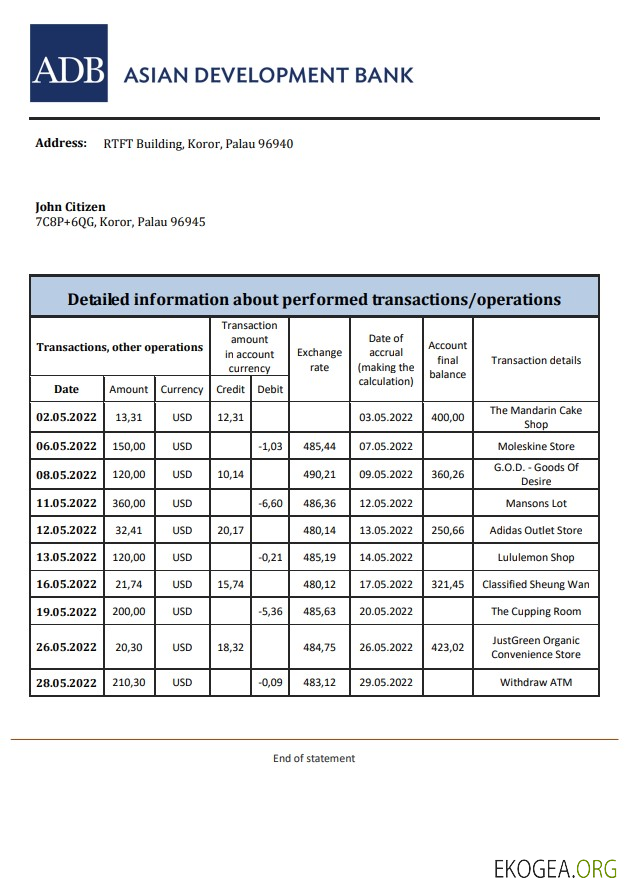 Relevé bancaire de la BAD des Palaos xls